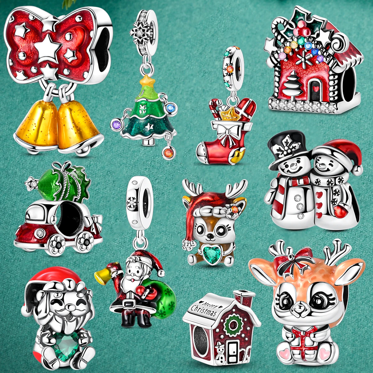 크리스마스 참 925 실버 비즈 산타 클로스 Milu 사슴 펜던트 맞는 원래 팔찌 Diy 쥬얼리 선물