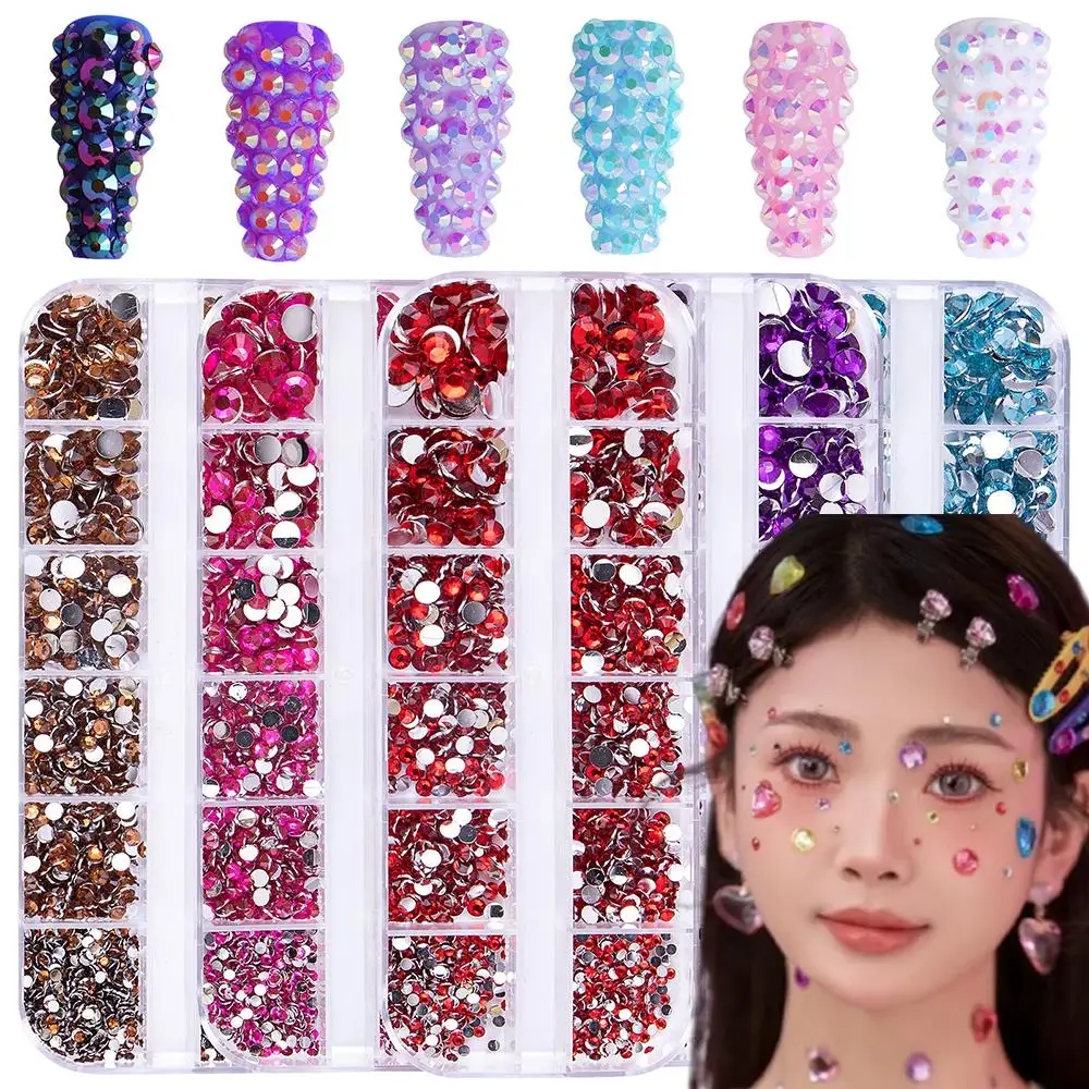 12 그리드 3D 유리 화이트/AB 네일 아트 라인 석 혼합 크기 플랫 백 라운드 크리스탈 다이아몬드 손톱 매력 DIY 공예 매니큐어 장식