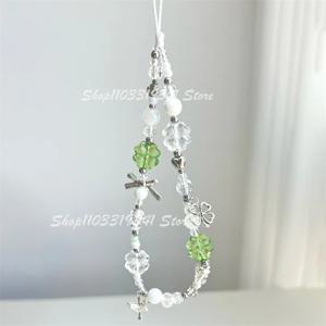 한국어 귀여운 녹색 지우기 럭키 클로버 페르시 키 체인 전화 매력 체인 스트랩 펜던트 전화 액세서리 가방 교수형 코드 선물