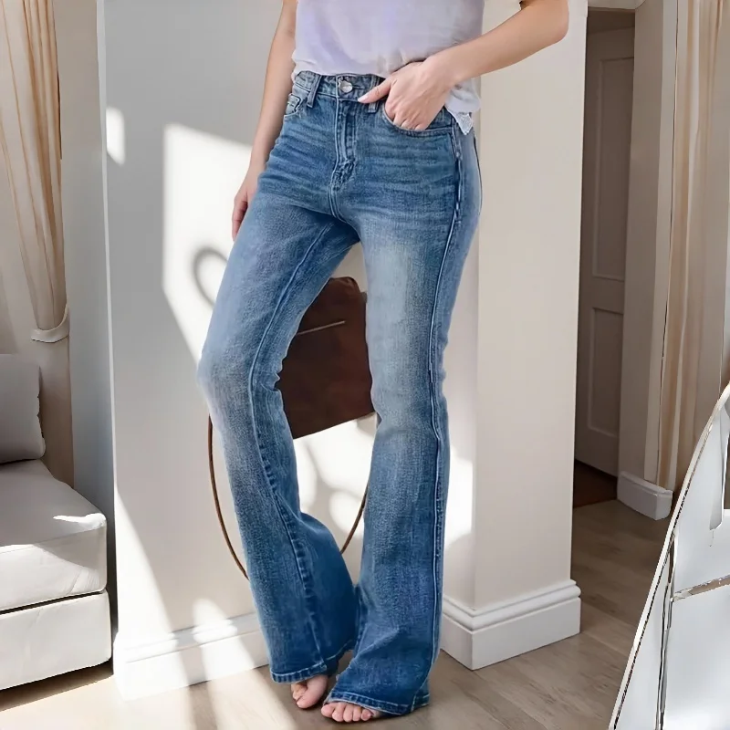 플레어 팬츠 여성용 청바지 스트레이트 레그 하이웨이스트 슬림핏 데님 바지 여성 패션 플레어 바텀 레이디스