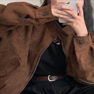 우아한 빈티지 사슴가죽 스웨이드 재킷 여성용 가을 겨울 루즈핏 롱 칼라리스 코트 스타일리쉬 출퇴근룩 지퍼 여밈