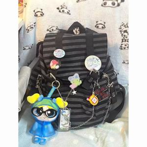 2025 스타 스타일 Y2K 기능성 레트로 스트라이프 백팩, 새로운 다용도 대용량 학생 수업 캐주얼 가방