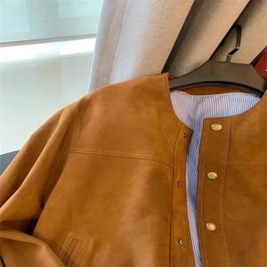 브라운 라운드 넥 스웨이드 짧은 재킷 여성 캐주얼 스위트 쿨 가을 겨울 코트 비스코스 섬유 루즈핏 긴 소매 버튼