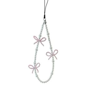 한국 귀여운 핑크 리본 진주 펜던트 비즈 폰 스트랩 아이폰 액세서리 여성 소녀용 보석 걸이줄