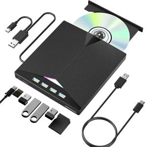 7-in-1 외부 CD/DVD 드라이브 USB3.0 Type-C 휴대용 CD DVD RW 플레이어 리더 버너(노트북 PC용) SD TF 카드 슬롯 포함 Windows