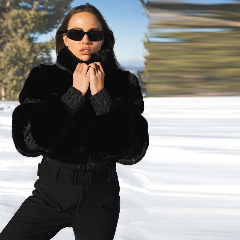 방풍 스키복 겨울 여성용 두꺼운 인조 모피 패치워크 점프수트 스탠드 칼라 지퍼 스노보드복 2025 신상 여성 스키웨어