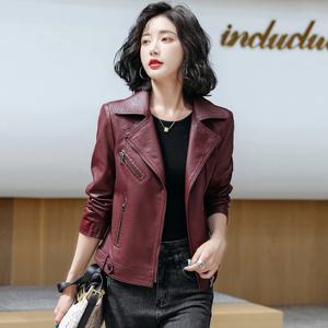 M-5XL 새로운 여성 권위 있는 가죽 재킷 봄 가을 2025 년 패션 정장 칼라 단색 날씬한 짧은 양가죽 겉옷 바이커 가죽 코트