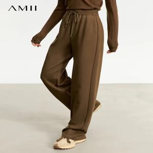 AMII 미니멀리즘 여성 캐주얼 팬츠 2025 가을 와이드 레그 신상 루즈핏 세로 밴딩 허리끈 스포티 트라우저 12343338