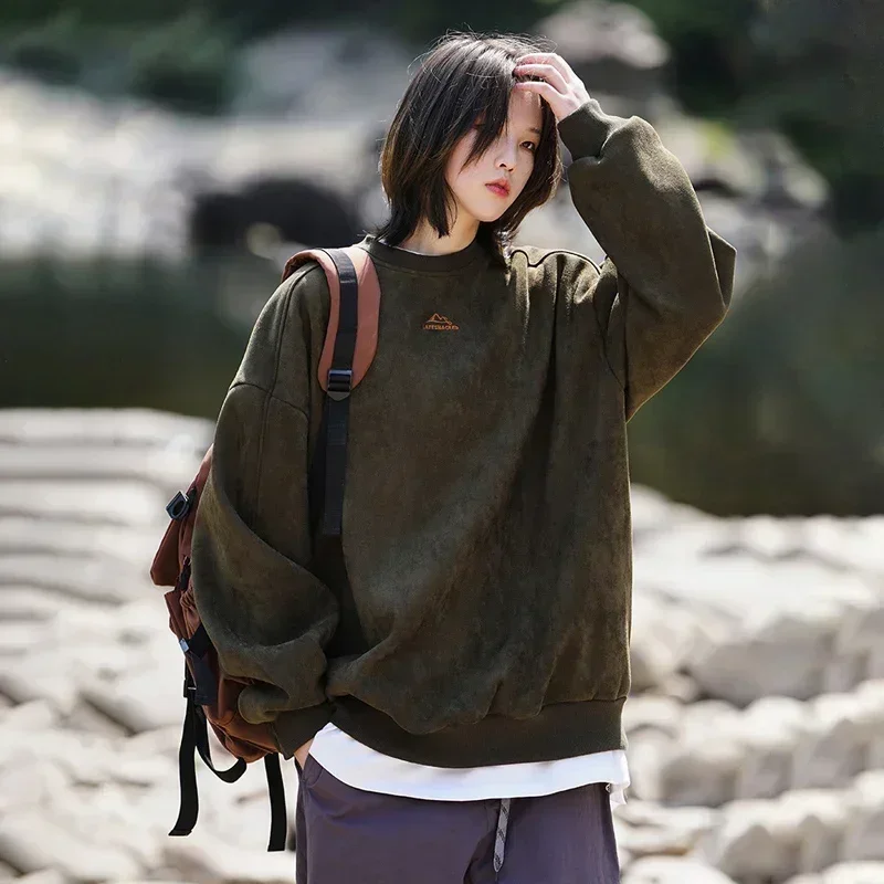 TFETTERS 남성용 스웨이드 스웨트 셔츠, 헐렁한 빈티지 풀오버, 커플 O넥 오버사이즈 블라우스, 2025 가을 겨울 의류, 신상