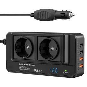 200W 차량용 인버터, 12V DC를 220V AC로 변환, 두 개의 전원 소켓과 네 개의 QC3.0 35W USB 포트를 갖추고 있습니다.