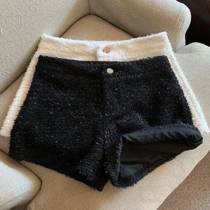 하이 웨이스트 와이드 레그 모직 미니 반바지 여성 가을 ​​겨울 패션 아우터 부츠 바지 컴팩트 스타일 솔리드 컬러 캐주얼 바지