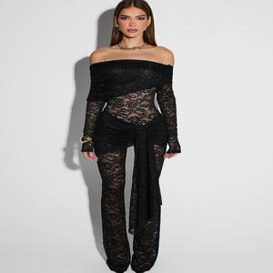 Fantoye 여성용 섹시한 오프 숄더 시스루 레이스 점프수트, 블랙 긴팔 붕대 롬퍼, 용수철 스키니, 우아한 파티 클럽웨어