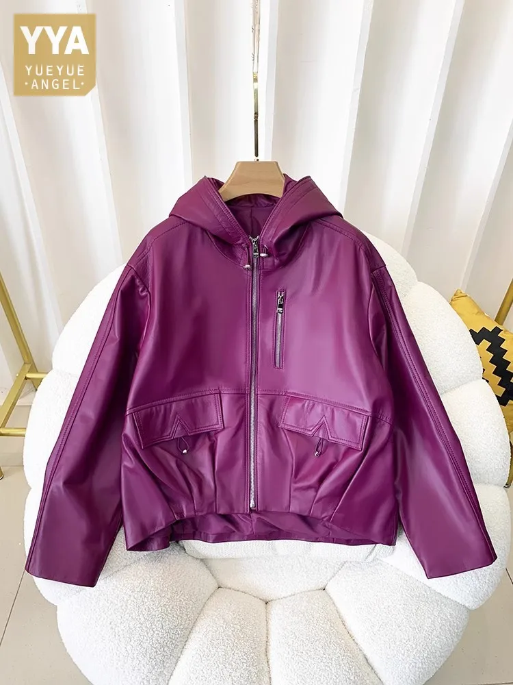 여성 정품 가죽 자켓 지퍼 느슨한 streetwear 후드 진짜 양피 캐주얼 하이 스트리트 패션 최고 품질의 겉옷 새로운