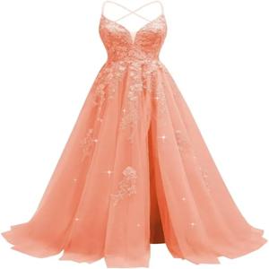 Tulle 레이스 아플리케 댄스 파티 드레스 여성용 긴 볼 가운 스파게티 스트랩 코르셋 백리스 이브닝 드레스