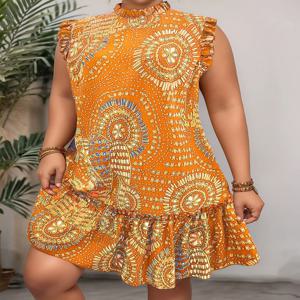플러스 사이즈 2025 여름 신작 여성의 우아한 슬림핏 반소매 드레스 - 블랙 골드 및 레드 페이즐리 프린트 셔링 밑단 라운드 넥