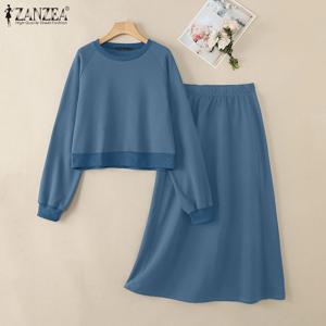ZANZEA 2026 패션 여성 드레스 세트 캐주얼 2피스 세트 긴 소매 상의와 하이웨이스트 롱 스커트 세트 솔리드 루즈 트랙수트