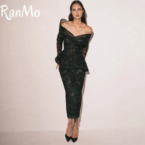 Ranmo 2025 블랙 이브닝 드레스 Tulle 레이스 긴 소매 댄스 파티 드레스 발목 길이 우아한 숙녀 Vestidos De Fiesta Customized