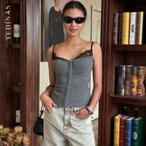 Yedinas 패치 워크 레이스 Camis Sleevless 여름 탑 streetwear 섹시 & 클럽 탱크 탑 2000s Clothes Y2k 한국 패션 캐미솔