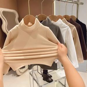 겨울 아기 따뜻한 상의 남아 여아 벨벳 안감 단색 하의 아동 하프넥 긴팔 티셔츠 유아복