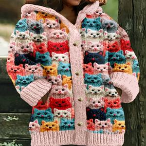 새로운 할로윈 워터 밍크 모피 고양이 프린트 오버사이즈 캐주얼 후드 케이프 코트