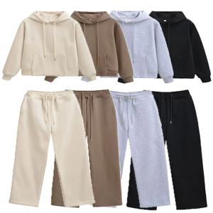 여성 캐주얼 솔리드 후드 팬츠 세트 긴팔 풀오버 스웨트셔츠 코트 드로스트링 와이드 레그 바지 오피스룩