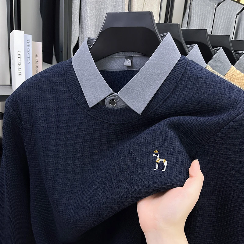 럭셔리 울 페이크 투피스 스웨터 프리미엄 브랜드 편안한 질감 트렌드 귀여운 강아지 자수 한국식 청년 캐주얼 니트