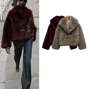 가을 겨울 신상 여성 재킷 코트 인조 퍼 효과 로프 매듭 장식 숏 루즈핏 두꺼운 긴팔 코트