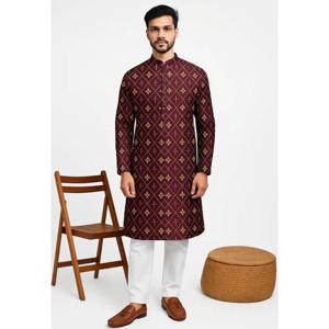 남성 디지털 프린트 쿠르타 셔츠 레귤러 핏 만다린 칼라 롱 웨딩, 하리 라야, 국가 스타일 등 모든 행사에 적합