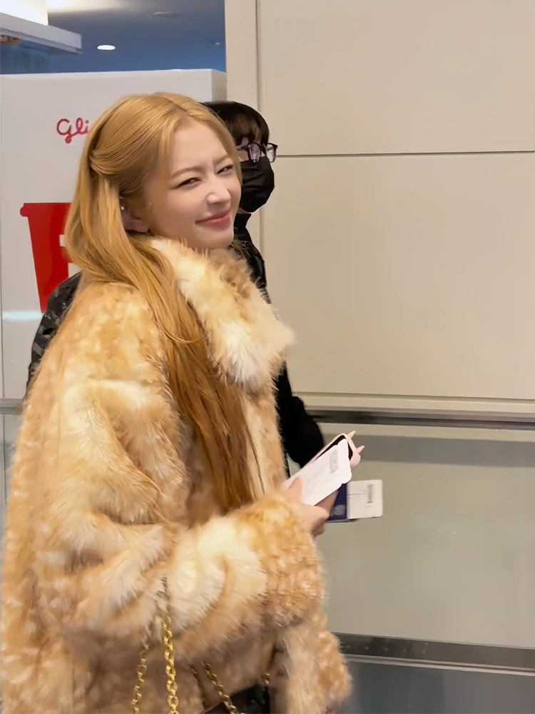 달콤하고 귀여운 레오파드 프린트 폭스 퍼 코트 여성용 겨울용 두꺼운 따뜻한 플러시 아우터웨어 캐주얼 데일리용 탈부착 불가 디자인 폴리에스터 섬유