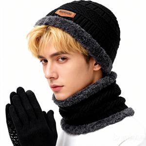 3피스 방풍 모자, 스카프 및 장갑 세트 남성용 겨울 따뜻하고 방한 귀 보호 후드 야외 사이클링 모자 니트 모자