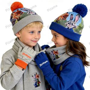 3-8세 주토피아 주디 닉 3D 프린트 소년 모자 + 스카프 + 장갑 3개 세트 어린이 겨울 따뜻한 니트 모자 소녀 액세서리