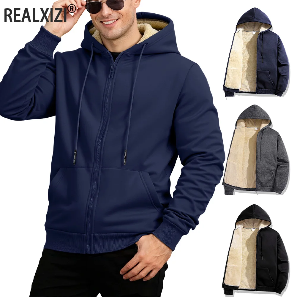 겨울 Lambswool 지퍼 후드 두꺼운 따뜻한 재킷 긴 소매 스웨터 캐주얼 스포츠 양털 블랙 코트 후드 남성 코트