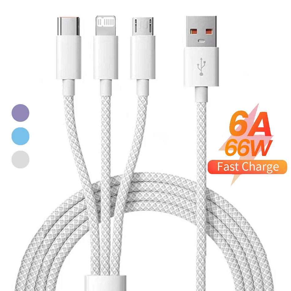 66W 3 In 1 고속 충전 케이블 Xiaomi 초고속 충전기 용 6A 마이크로 USB 유형 C 데이터 케이블 나일론 브레이드 케이블 1.2M/2M/3M