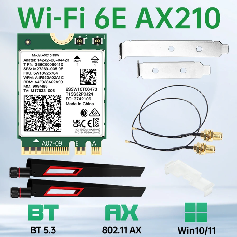 Wifi 6E M.2 AX210 5374Mbps Wifi 무선 카드 Bluetooth 5.3 802.11ac/ax 트라이 밴드 AX210NGW, Win 10/11 용 10dbi 안테나 포함