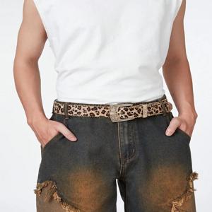 1pc 남자 레오파드 빈티지 새겨진 금속 버클 진주 가장자리 청바지 벨트, 캐주얼웨어 할로윈에 대한 다목적