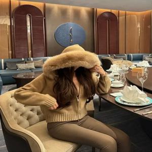 여성용 천연 모피 가디건 코트, 후드, 리얼 폭스 모피 코트, 캐주얼 패션, 짧은 니트 재킷, 가을, 겨울 패션