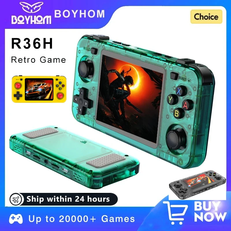 BOYHOM 그린 R36H 레트로 비디오 게임 콘솔 3.5인치 IPS 스크린 RK3326 3000mAh 오픈 리눅스 시스템 휴대용 플레이어 64GB 128GB