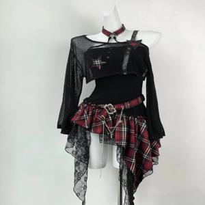 고딕 뜨거운 여자 미국 패션 2 조각 세트 여성 블랙 블라우스 + 세련된 불규칙 드레스 새로운 순수한 욕망 슬림 빈티지 정장 여름