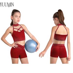 여자 발레 댄스 피겨 아이스 스케이트 공연 의상 홀터넥 민소매 백리스 라인스톤 크롭 탑 + 반바지 체육관 요가 복장