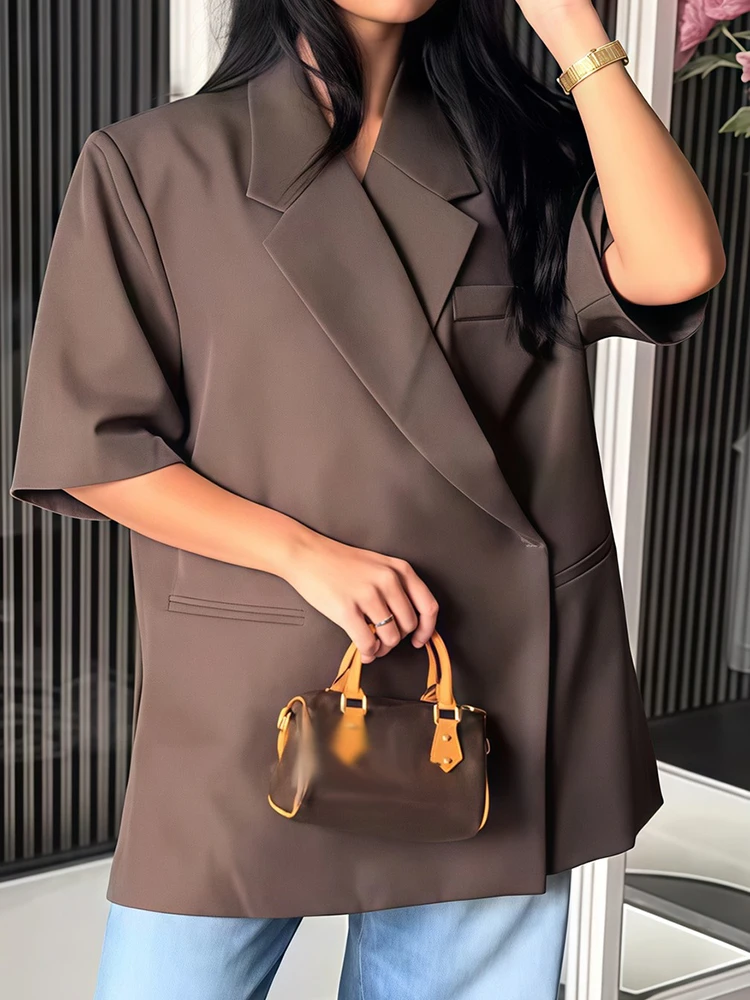 여성 루즈핏 블레이저 수트 솔리드 캐주얼 턴다운 칼라 원버튼 코트 하이웨이스트 숏팬츠 2025 여름 가을 정장 신상 의상