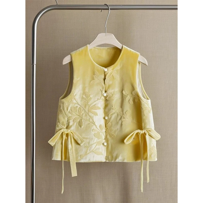 꽃 자수 벨벳 조끼 여성 레트로 중국 빈티지 민족 스타일 민소매 탑 오버 사이즈