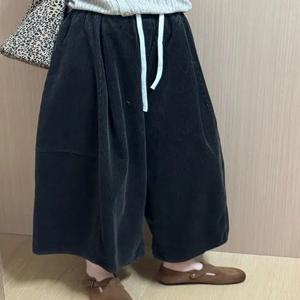 머스타드 옐로우 코듀로이 하이웨이스트 루즈 와이드 레그 팬츠 여성 가을 겨울 패션 센세이션 스몰 사이즈 18인치 무릎 길이 스커트 팬츠