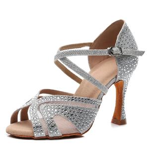 라틴 댄스 신발, 성인 여성용 살사 댄스, 탱고 댄스 신발, 트레이닝 댄스 신발, 하이힐 샌들, 블랙 및 실버