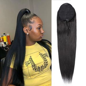 드로스트링 포니테일 인모 자연스러운 실키 스트레이트 포니테일 인모 연장 클립인 헤어피스 레미 포니테일 여성용