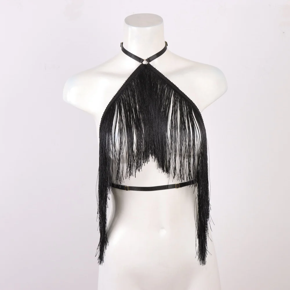 여성용 블랙 태슬 홀터 탑 - 조절 가능한 탄성 하네스, 사계절 착용 가능, 캐주얼 의류 탑, 태슬 디테일 탑