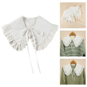 로얄 스타일 코튼 페이크 칼라 숄 랩 플로럴 레이스 러플 트림 목걸이, 뾰족한 삼각형 라펠 블라우스