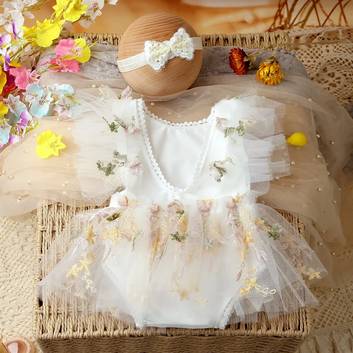 Ylsteed 2 조각 세트 자수 꽃 신생아 사진 복장 머리띠와 소녀 아기 사진 소품