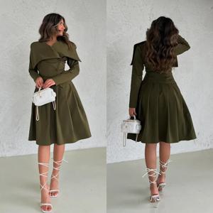 여성용 맞춤형 하이 퀄리티 이브닝 저지, 드레이프 플리츠 웨딩 파티, A 라인 V 넥, 맞춤형 행사 가운, 무릎 길이 원피스