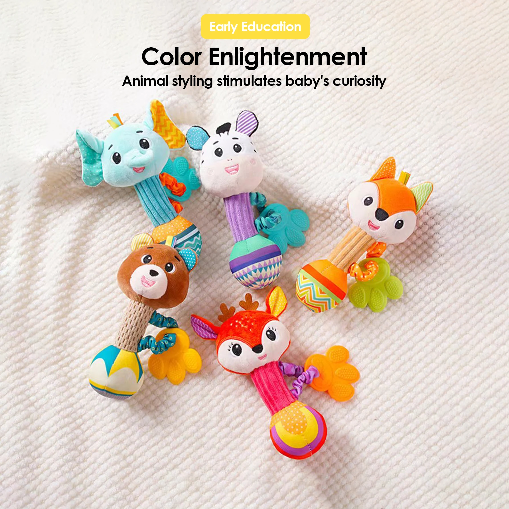 아기 딸랑이 부드러운 봉제 동물 딸랑이 손잡이 아기 장난감 쉐이커 크링클 삑삑이 감각 완화 장난감 유아 선물