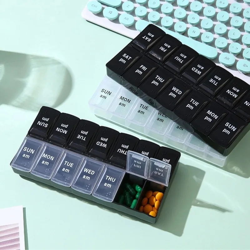 새로운 휴대용 주간 약통 7일용 14칸 약 보관함 정제 비타민 약물 어유 보관함